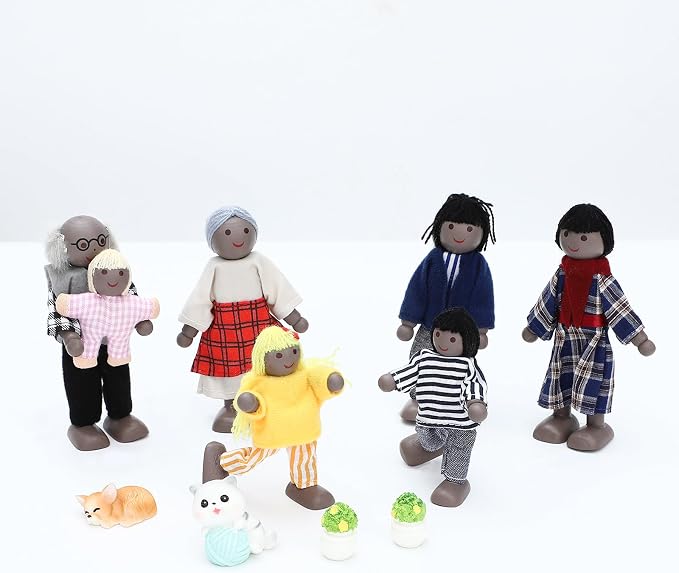 ONEST 18 Pieces Wooden Dollhouse Family Set Mini People Figures Dog Cat Sets Dollhouse Dolls Wooden Doll Family Pretend Play Figures Accessories for Pretend Doll House Toy