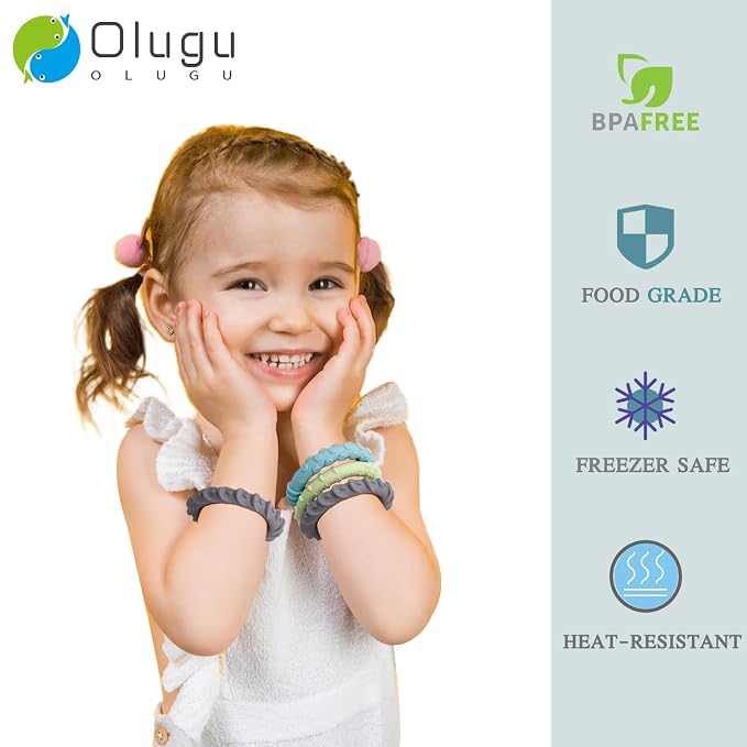 Olugu Chew Bracelet for Sensory Kids, 4 Pack Textured Sensory Bracelets for Kids with Autism ADHD Anxiety or Special Needs, Fidget Toys Bracelets for Girls Boys Chewing Biting