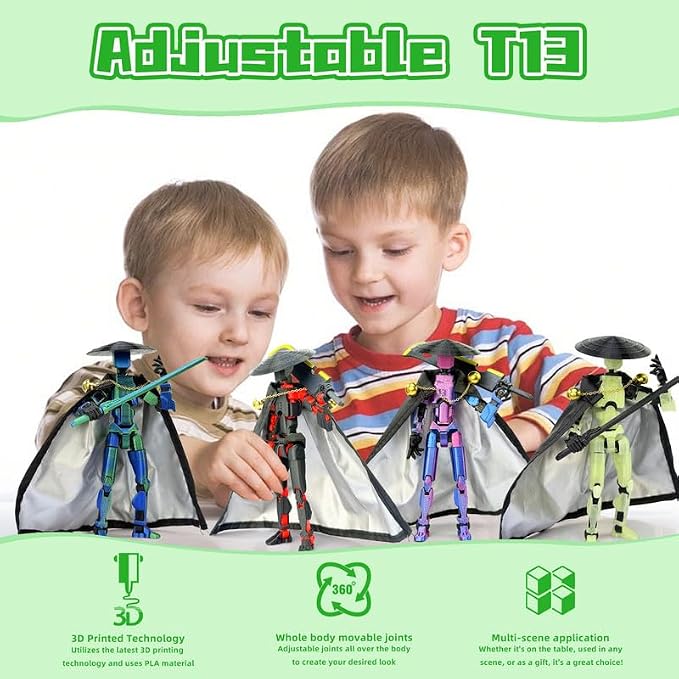 T13 Assembly Completed Action Figures,T-13 Action Figure, Robo 13 3D Printed Action Figure - The Ultimate Hero for Action-Packed Playtime,5.2 Inch, Green(Glows in The Dark)