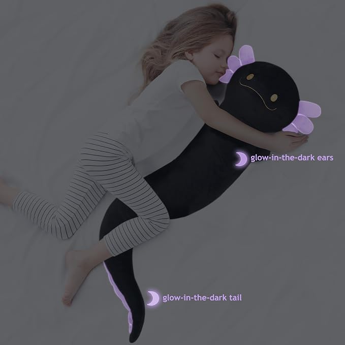 Tianmihou 36 Inch Giant Axolotl Plush Stuffed Animal, Big Black Axolotl Glow in The Dark Fluorescent Plushies, Large Body Pillow Gifts for Kids Boy Girl Adults, Birthday