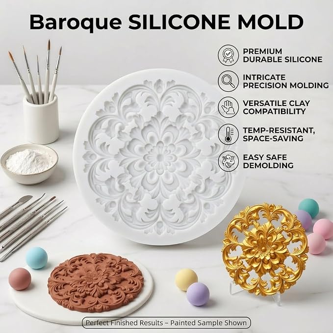 Baroque Scroll Relief Polymer Clay Molds Relief Flower Silicone Mold for DIY Craft Epoxy Resin Casting Polymer Clay Tools Crafts Air Dry Jewelry Making