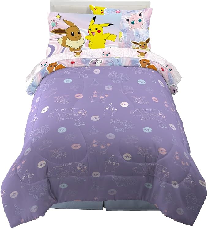 Pokémon Girl Kids Bedding Twin Size – 5 Piece Comforter & Sheet Set with Sham – Super Soft – Eevee, Pikachu & Jigglypuff – (Officially Licensed Product) By Franco