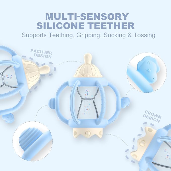 Silicone Teether Rattle Toy for Babies 0-12 Months Teething Relief | Montessori Sensory Teething Toy with Pacifier, Easy Grasp Handle for Infant Boys & Girls, Baby Must Haves