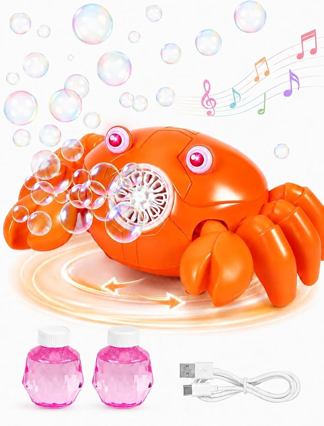 Crab Bubble Machine for Kids, Rechargeable 360-Degree Moving Bubble Maker with Lights and Music, Obstacle Avoidance, USB-C Cable, 2 Bubble Solutions, Outdoor Birthday Toy Ages 3+