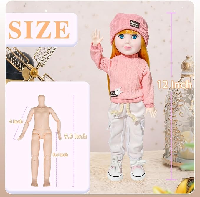 12 Inch BJD Fashion Girl Doll, 15 Movable Joints, Exquisite Hair and Trendy Casual Outfits (Casual wear-Pink)