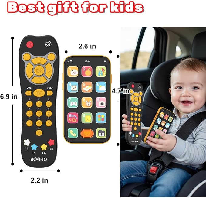 Baby Phone TV Remote Toy Set, Bilingual Play Phones Toy Remote for Baby with Music Light for 6+ Months, Early Learning Baby Toys Gift for 1 Year Old Boys Girls Toddler Infant, English/Spanish, Orange