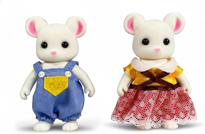 Family White Mouse Figures — Set of 2 Collectible Flocked Mini Dolls with Removable Clothes, Dollhouse Pretend Play Set for Kids Ages 3+