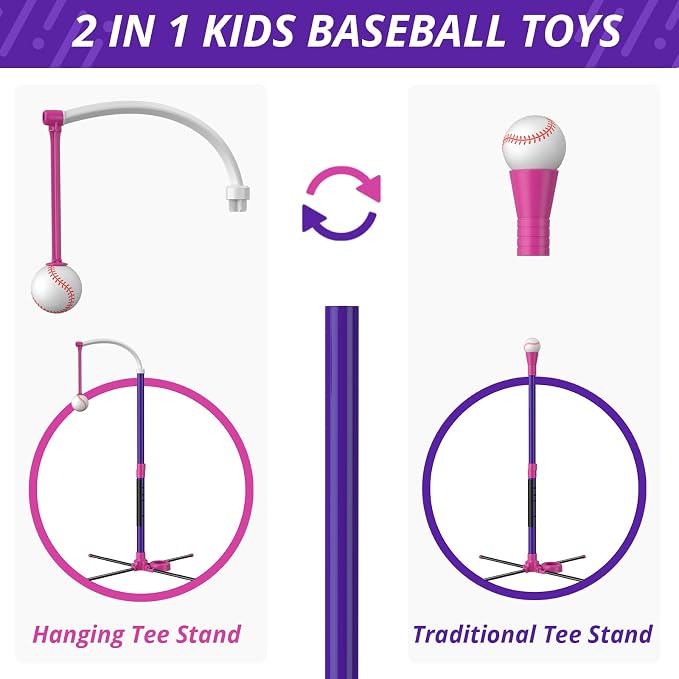 HYES Baseball Set - 3 Ways to Play, Adjustable Height, Easy to Assemble, Safe & Sturdy, Ideal Sport Gift for Kids