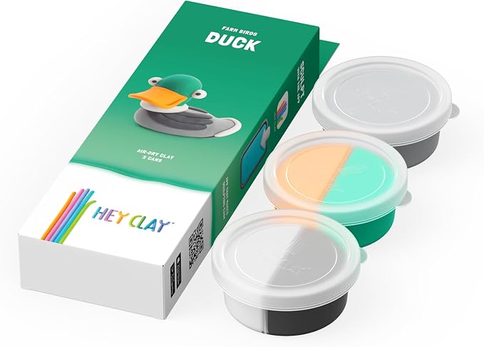HEY CLAY Modelling Air-Dry Clay with Fun Interactive App - Non-Toxic, Non-Stick Modeling Clay Crafts Set for Kids Ages 3 to 8-3 cans (Farm Birds: Duck)