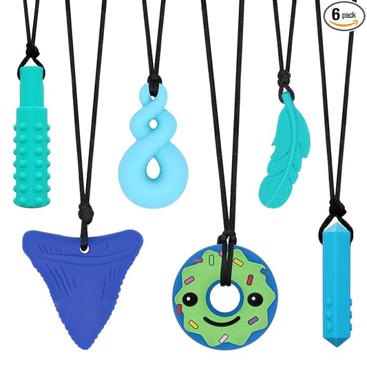 Hoaisun Chew Necklaces for Sensory Kids, 6 Pack Chewy Necklace Sensory for Kids with Autism, ADHD, SPD, Chewing, Oral Chew Toys Silicone Teething Necklace for Adults Reduces Chewing Fidgeting
