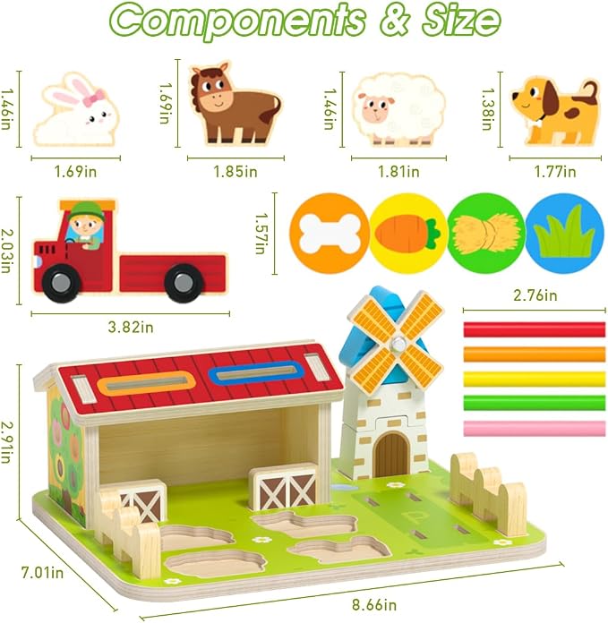 Montessori Wooden Farm Toys for Toddlers 1-3, Coin Sorting Color Shape Animal Matching Fine Motor Skills Toy, Cognitive Learning Educational Sensory Toy for 1 2 3 Year Old Boys Girls, Birthday Gift