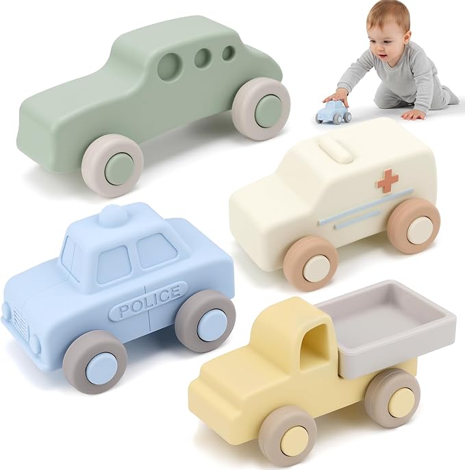 Vanplay Silicone Baby Car Toys with Storage Box - Soft Teething Toys for Babies 6-12 Months, Push & Pull Baby Toys for Toddlers, Birthday Gifts for Boys Girls（4 PCS）