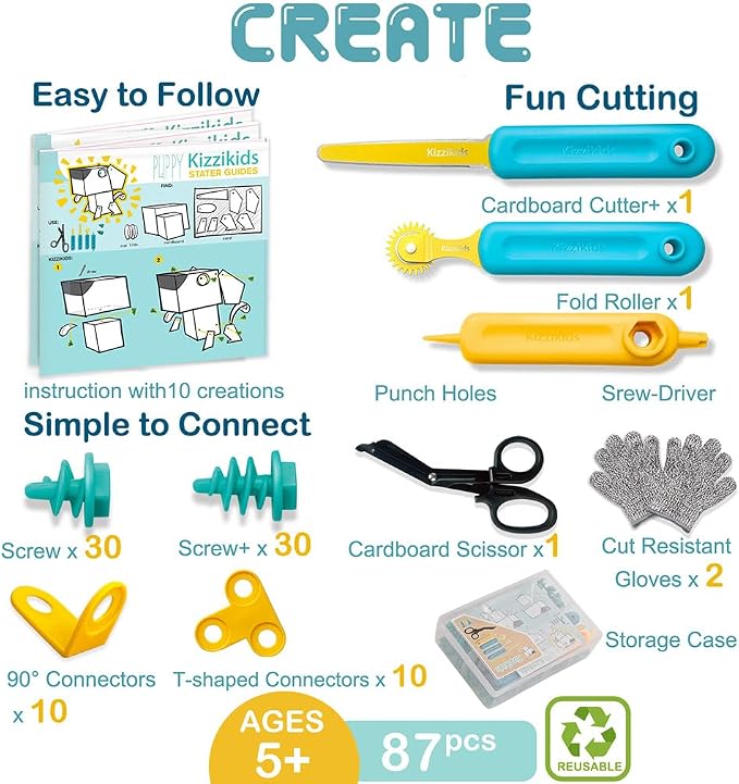 Kizzikids Cardboard Tools for Kids with Cutter &Tool Box, 87 PCS Cardboard Construction Kit for Family & Team Activities, Creative STEM Educational Toys Gift for Boys and Girls Aged 5+