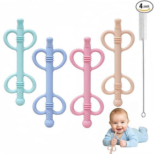 4 Pack Sensory Silicone Teething Tubes, Baby Teether Toys with Easy-Hold Love Handle, Dual-Sided Textures, Soothe Sore Gums, BPA-Free Teething Chew Straws for 3+ Months Infants (Style B)