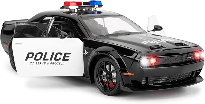 Police Car Model for Collectible 1:24 Dodge Challenger SRT Hellcat Toy, Diecast Vehicle Toy with Lights and Sounds,Pull Back Decoration Model Car Toy for Adults Kids Birthday Gifts
