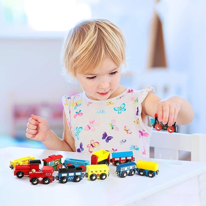 12 PCS Wooden Train Cars, Train Toys Magnetic Set Includes 3 Engines and Storage Bag, Toy Train Sets for Kids Toddler Boys and Girls, Compatible with Major Brands Train Tracks Set