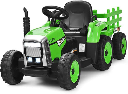 Costzon Ride on Tractor with Detachable Trailer, Kids' Electric Vehicles w/3-Gear-Shift Ground Loader, Wireless Design & USB, 7 LED Headlights, Remote Control Tractor Toy for Kids 3+ (12V, Green)