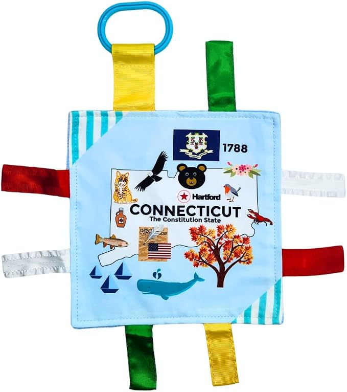 Baby Jack & Co 8x8” Learning Lovey Connecticut State Tag Stroller Toy for Babies - Crinkle Toys for Developing Five Senses - Learn About Capitals - Travel with Baby Jack - BPA Free Clip