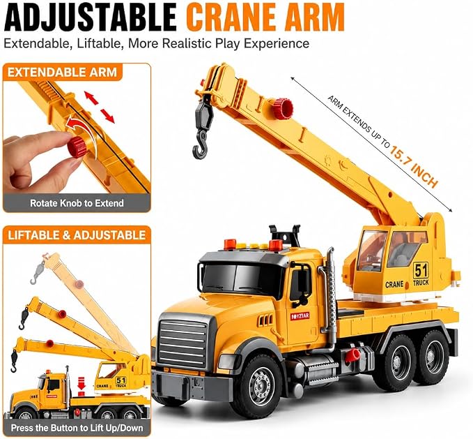 14" Yellow Large Crane Truck Toy,Tow Truck Toy,Construction Trucks for Boys Girls 3 4 5 6 7 8 Years Old,with Lights & Sounds,Holiday and Birthday Gift