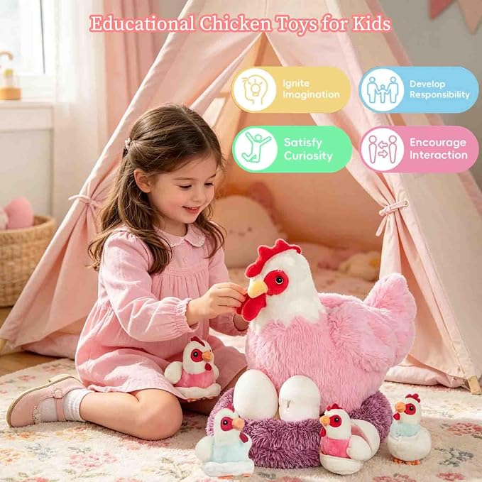 9 in 1 Chicken Stuffed Animal Set, Zippered Stuffed Chicken Plush Toys for Kids Egg Laying Hen with Coop, Plush Chickens and Eggs, Pink Chicken Toys for Kids Christmas Birthday Gifts Party Decor