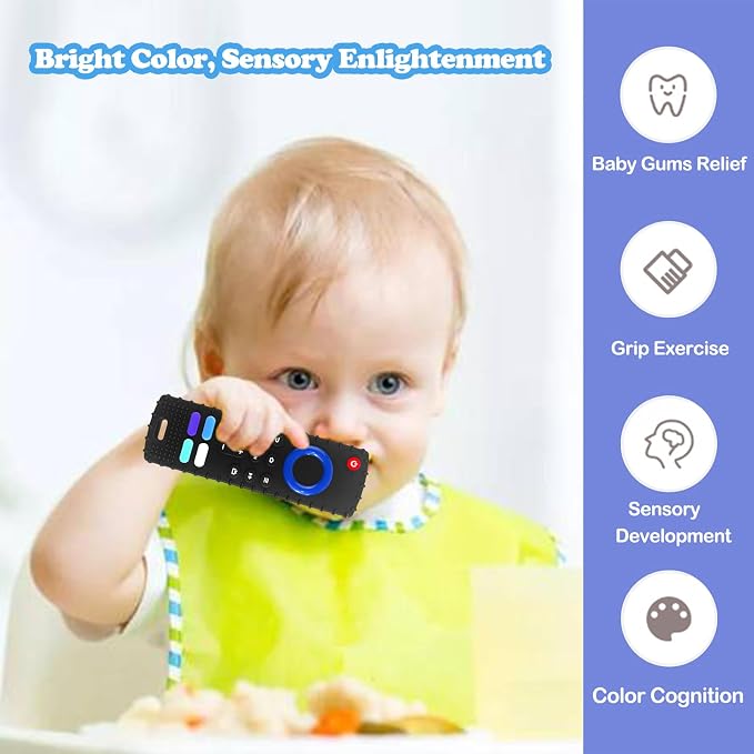 ROBBEAR Baby Teething Toys, Soft Silicone Teethers for Babies 3 6 12 18 Months, Fire Stick TV Remote Control Shape Infant Chew Toys for Boys and Girls, Baby Teething Relief, BPA Free (FTV-Black)