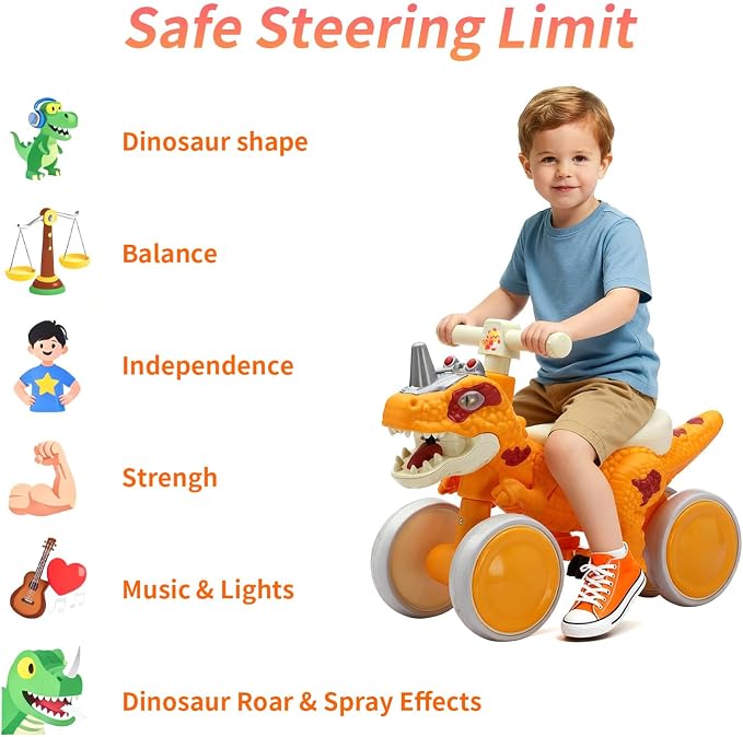 Dinosaur Balance Bike for 1-3 Year Olds, 4-Wheel No-Pedal Bike for Walker, Ride on Toys for Toddlers with Music and Mist Spray, First Birthday Gift for Boys & Girls (Orange)
