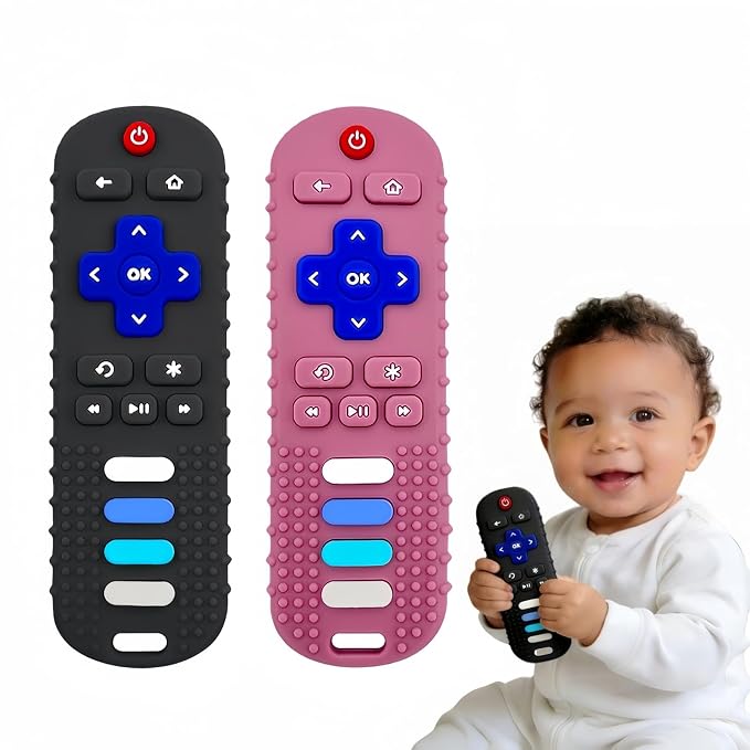 2Pcs Baby Teething Toys, BPA-Free Food Grade Silicone Baby Remote Control Teething Toy for 3-18 Months, Teething Relief Baby Toys, Teething Relief Newborn TV Remote Shaped Toy (Black&Pink)