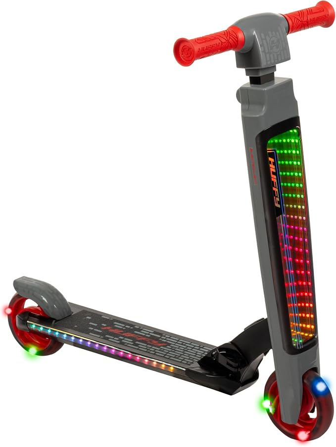 Huffy Light Up Inline Scooter for Kids, 2 Wheel Kick Scooter with LED Lights and Rear Brake, Foldable, Adjustable Handlebar on Select Models, Durable Frame, Licensed Character Graphics