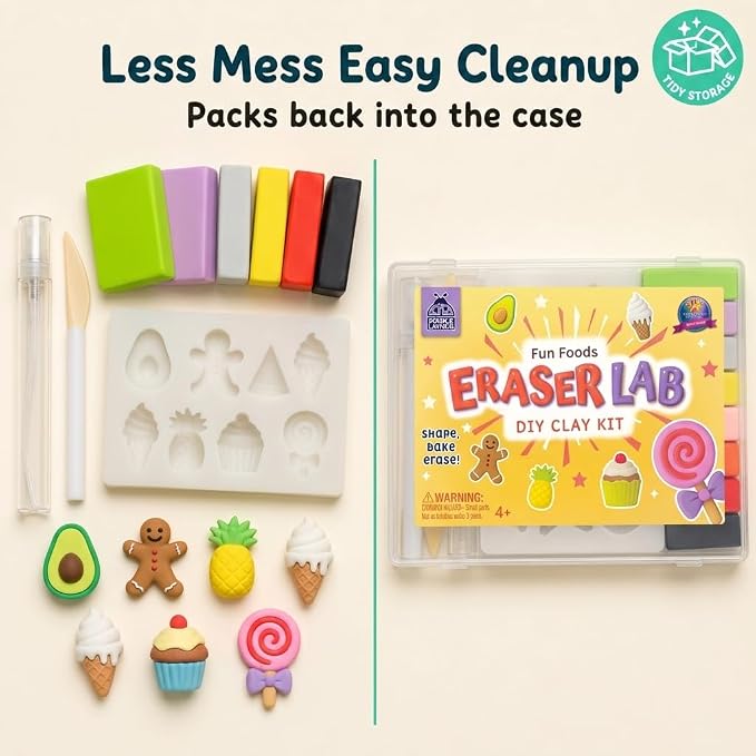 Eraser Lab DIY Clay Kit - Gift Food-Themed Fun Eraser for Kids Craft Set, 8 Clay Colors, Mold Tray & Shaping Tool, Presents for Kids, Creative Activity for Boys & Girls Aged 4+, Birthday Gifts