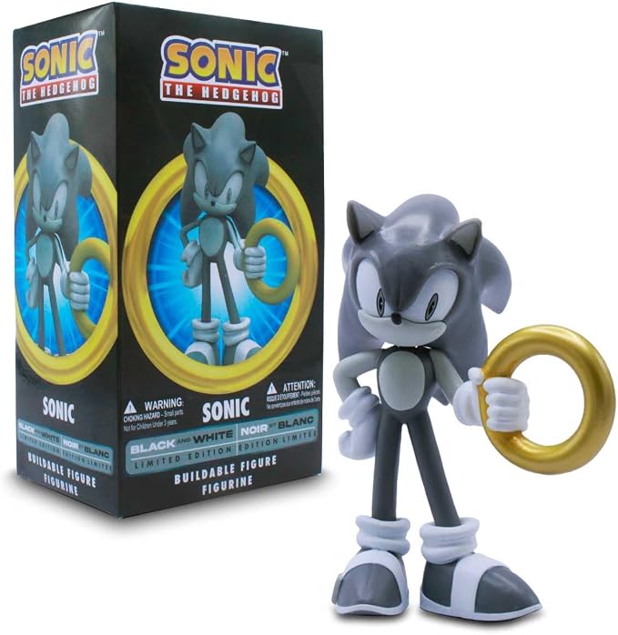 Just Toys LLC Sonic The Hedgehog Buildable Figure, Black & White Limited Edition – 4″ Collectible Toy with Moveable Arms & Accessories (Gold Ring & Chaos Emerald)