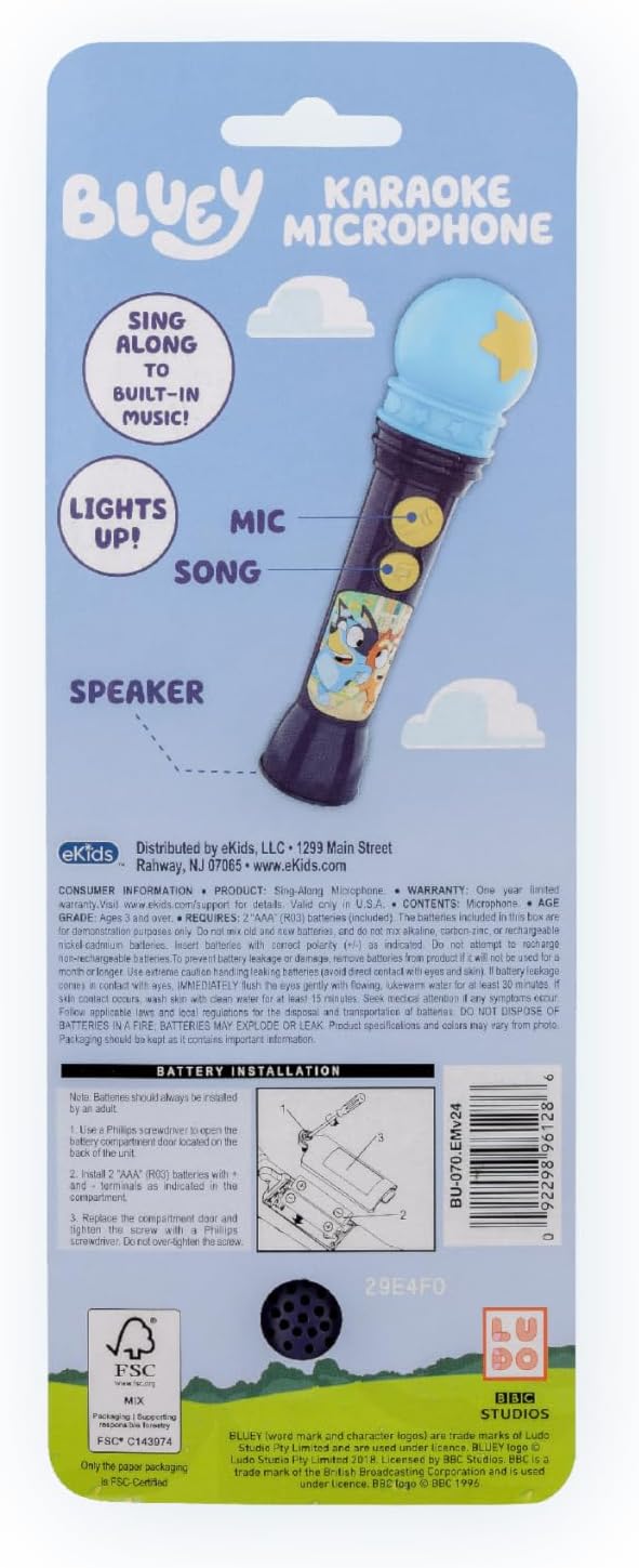Bluey Toy Microphone for Kids, Includes Built-in Music and Lights, Ideal Toddler Toys (Bluey)
