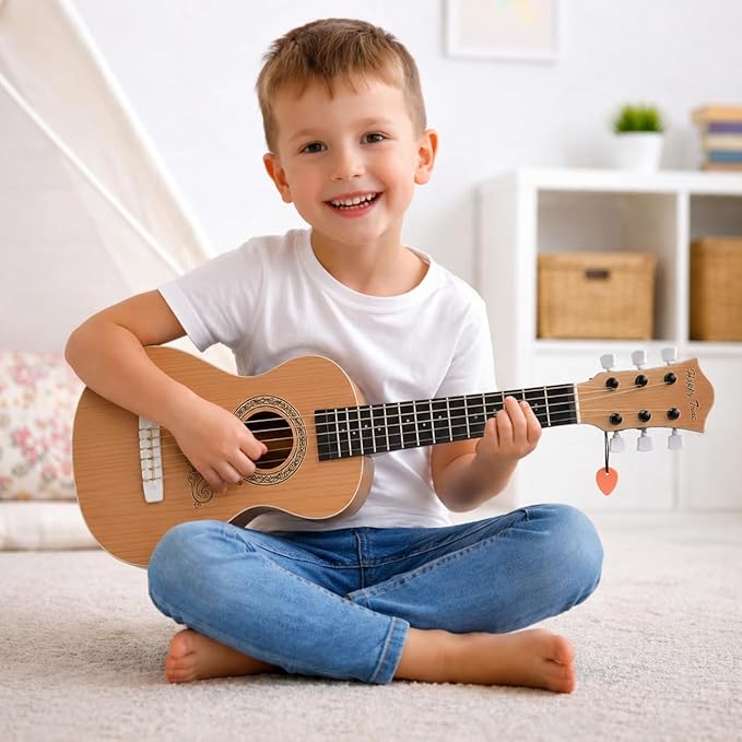 23" Acoustic Guitar, Kids 6 String Toy Guitar - Realistic Steel Strings - Beginner Practice First Musical Instrument for Children, Toddlers (Natural)