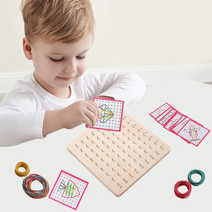 Wooden Geoboard with Pattern Cards & Rubber Bands, Montessori STEM Educational Toy for Kids 3-5 5-8 Years Old, Brain Teaser Puzzle Game for Geometry Learning and Creative Shapes