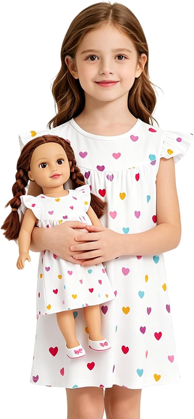AmzBarley Matching Doll & Girl Pajamas Girls Nightgowns Sleepwear Night Dress for Kids and 18 inch Doll Clothes