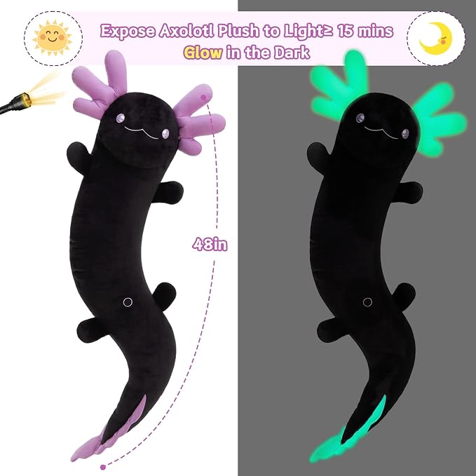 MaoGoLan Giant Axolotl Plush Pillow, Big Axolotl Plush Stuffed Animal Toy for Kid Girl Boy, Jumbo Stuffed Salamander Body Pillow Glow in The Dark, Birthday Day Gift Baby Shower Party Decor, Black