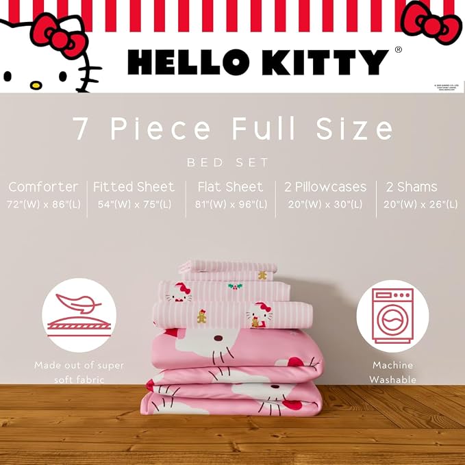 Sanrio Hello Kitty Holiday & Christmas Bedding Soft Comforter and Sheet Set with Sham, 7 Piece Full Size (Officially Licensed Product) By Franco