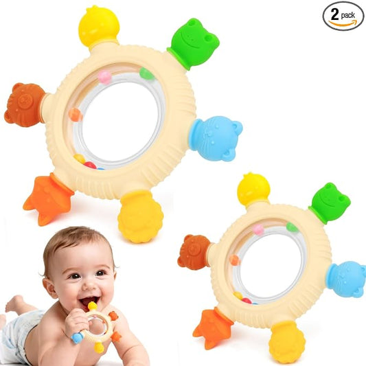 Baby Teething Rings Rattle Toys for 0-6 Months Baby Silicone Teether Relief Sooth Chew for Babies 0 3 6 9 12 Months Newborn Essentials Sensory Colorful Animal Teething Ring Infant Gift
