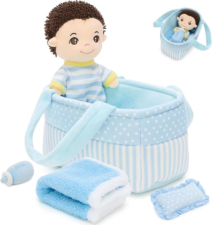 MaoGoLan 6Pcs Blue Baby Doll Set, 11'' Baby Doll Accessories, Soft Plush Doll with Portable Bassinet, Blanket, Bottle & Clothes, Pretend Play Set, Ideal Valentine Christmas Birthday Gift for Boys