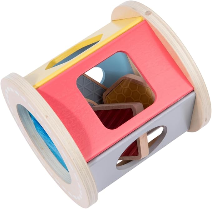 Montessori Toys for 1 Year Old, Wooden Rolling Shape Sorter‒4 Pcs Silicone Sensory Blocks, Developmental Learning Toy for Baby 12 Months, Color Sorting Activity for Toddlers Boys & Girls