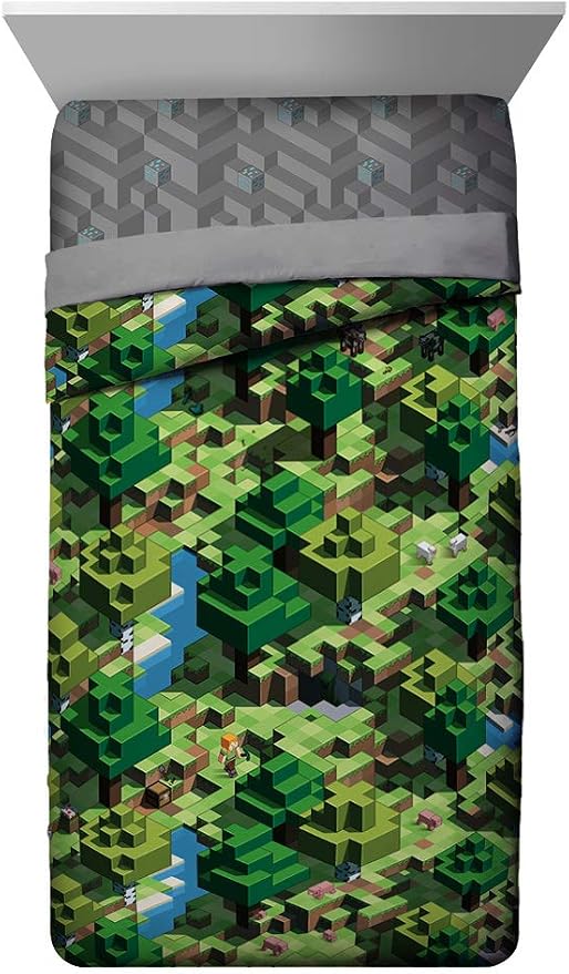 Jay Franco Minecraft Daytime 7 Piece Full Bed Set - Includes Comforter & Sheet Set - Bedding Features Alex and Steve - Super Soft Fade Resistant Microfiber - (Official Minecraft Product)