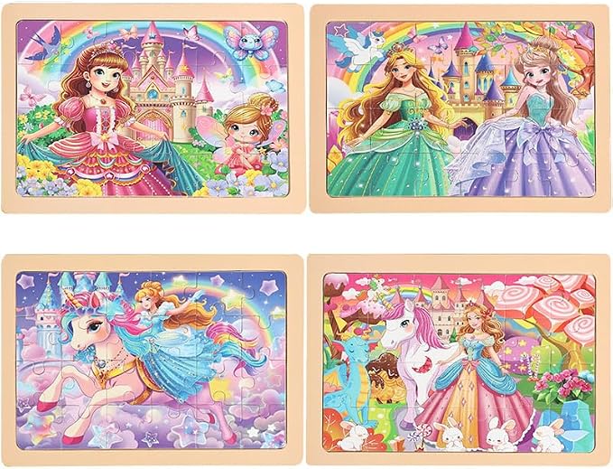 Wooden Puzzles Toys for Kids Ages 3-5, Set of 4 Packs with 24-Piece Unicorn Mermaid Princess Wood Jigsaw Puzzles, Preschool Educational Brain Teaser Toys for Girls 3 4 5 6 Years Old.