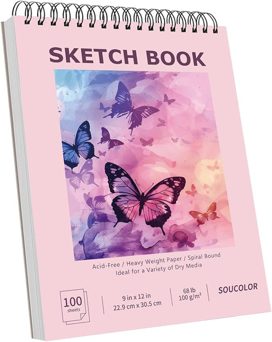 Soucolor Sketch Book 9" x 12" for Kids, Cute Sketchbook 100 Sheets Spiral Notebook Drawing Pad for Girls, Pastel Girls' School Art Supplies for Beginner Artists, Arts and Crafts Gifts Set for Kids