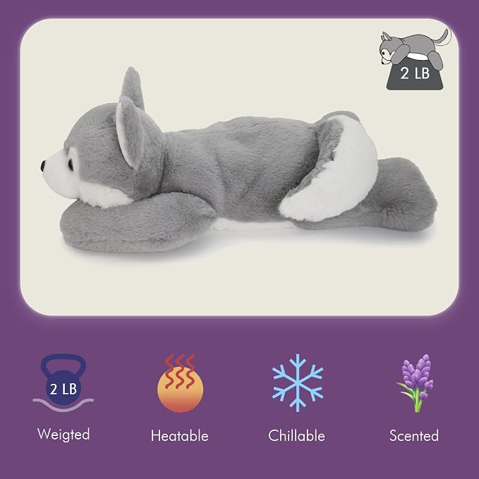 OSOCU® Microwavable & 1.8 LB Weighted Stuffed Animal - Grey Husky Heating Pad with Lavender & Tourmaline - Soothing Warm Heatable Plush Toy for Menstrual Cramps, Muscle Aches, Shoulder Tension