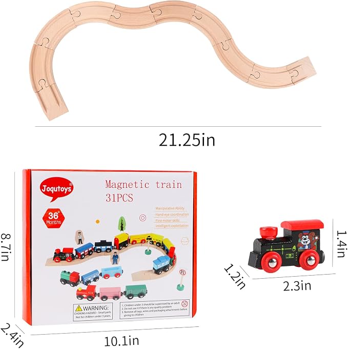 31 PCS Wooden Train Cars - Magnetic Train Set Includes 15 Cars, 10 Bonus Connectors & Storage Bag, Wooden Train Set Toy Train for Kids Toddlers, Compatible with Major Brands Train Tracks Set
