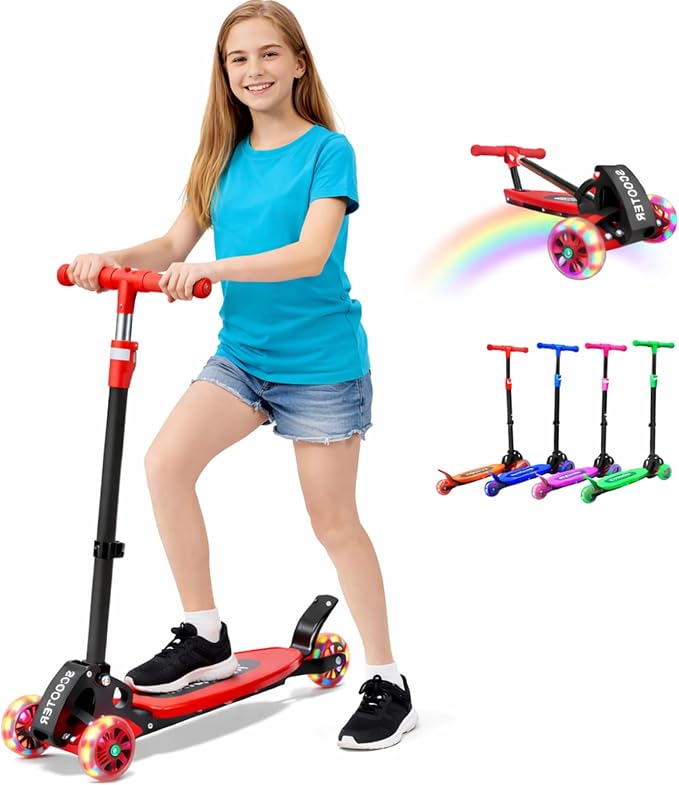 Kick Scooter for Kids Ages 6-12, Stable 3 Wheel Kids Scooter with LED Light-Up Wheels, 3 Adjustable Heights, Lean-to-Steer, Foldable, 6" Extra Wide Deck for Boys and Girls Gifts
