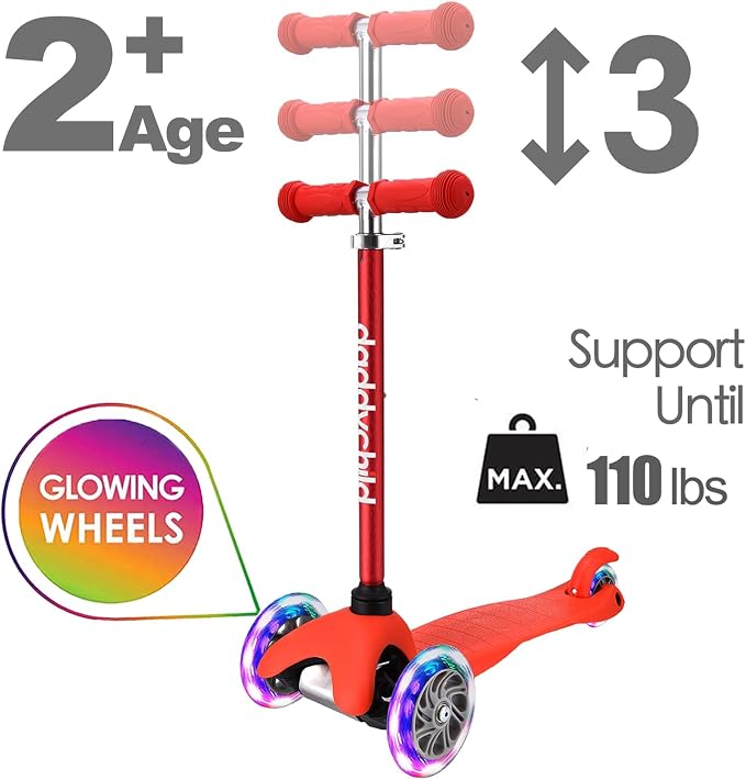 3-Wheel Kick Scooter for Kids Ages 3-8 Lean-to-Steer Toddler Scooter with Extra Wide Light Up Wheels, 4 Adjustable Heights, Foldable Scooters for Boys & Girls, Max Weight 110lbs