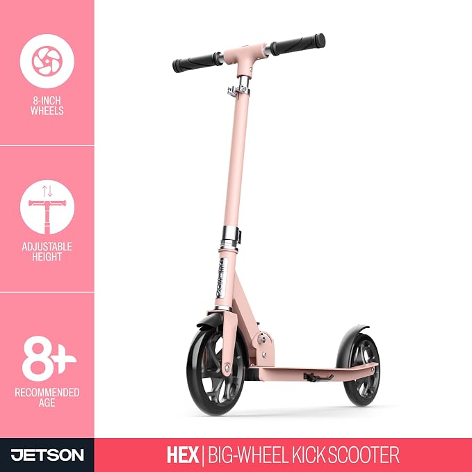 Jetson Jupiter Jumbo 2-Wheel Kick Scooter, Sturdy Wide Deck, Height Adjustable Handlebar, Rear Brake, Easy-Folding Mechanism, 8 inch wheels