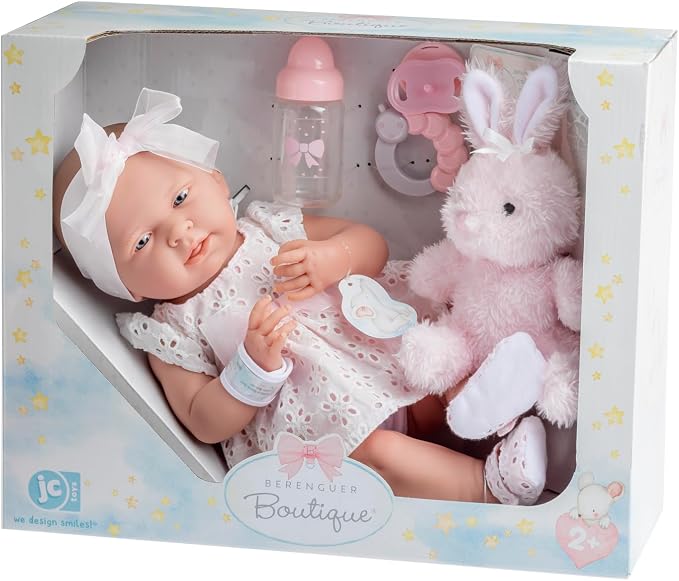 JC Toys La Newborn All-Vinyl-Anatomically Correct Real Girl 15" Doll in White Eyelet Dress with Fluffy Bunny and Accessories Designed by Berenguer