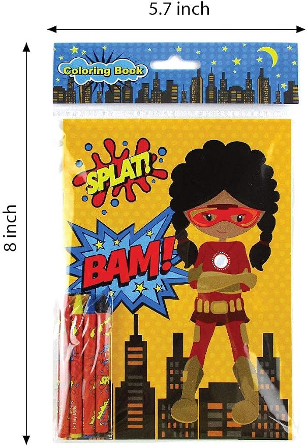 TINYMILLS Superhero Coloring Books for Kids – 12 Coloring Books with 48 Crayons, Superhero Party Favors, Classroom Rewards, Favor Bag Fillers, Superhero Birthday Party Supplies