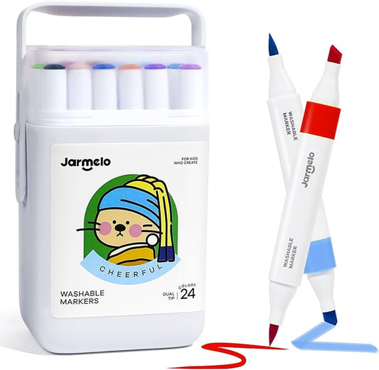 Jar Melo Washable Dual Tip Markers for Kids Ages 4-8, Brush & Chisel Tip, Water-Based Coloring Markers, Double-Tipped 24 Colors Marker Set with Storage Case, School Art Supplies for Boys & Girls 8-12